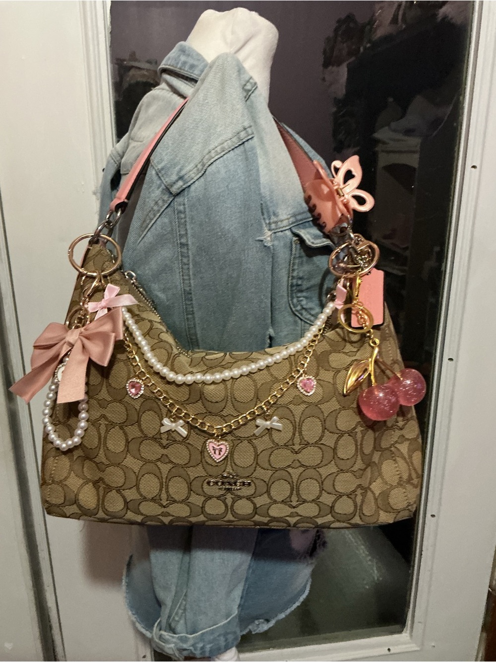 Coach Beige Signature Shoulder Bag with Pink Charms